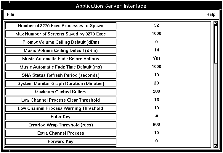 A window showing the parameters in the Application Server Interface group.