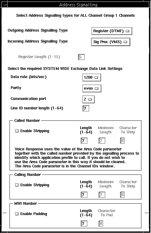 The Address Signaling window with the Exchange Data Link settings activated.