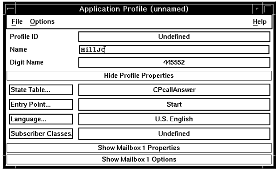 A screen capture of the Application Profile (unnamed) window showing a completed profile.