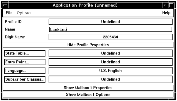 A screen capture of the Application Profile (unnamed) window with entries in the Name and Digit Name fields..
