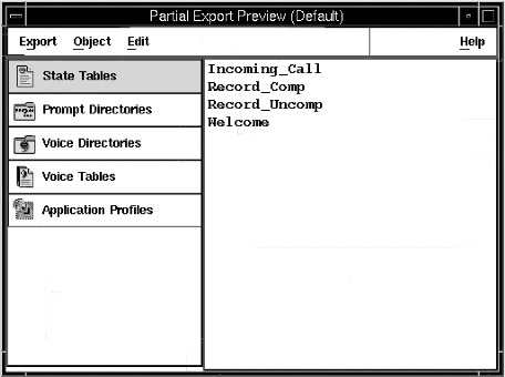 A screen capture of the Default Partial Export Preview window listing objects in the State Tables folder.