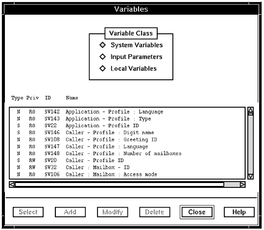 A description follows in the text. The system variables shown in this example of the Variables window come from the 'Caller' and 'Application' groupings.