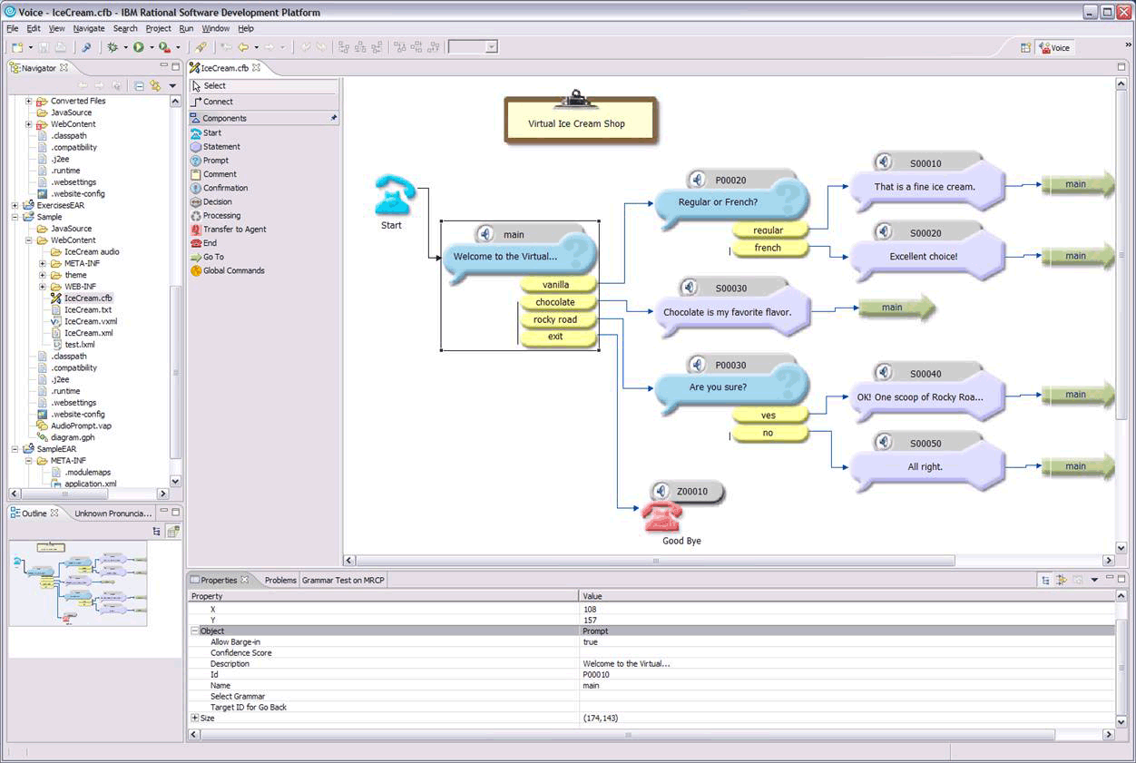 A screen capture showing the graphical communication flow builder being used to edit VoiceXML source.