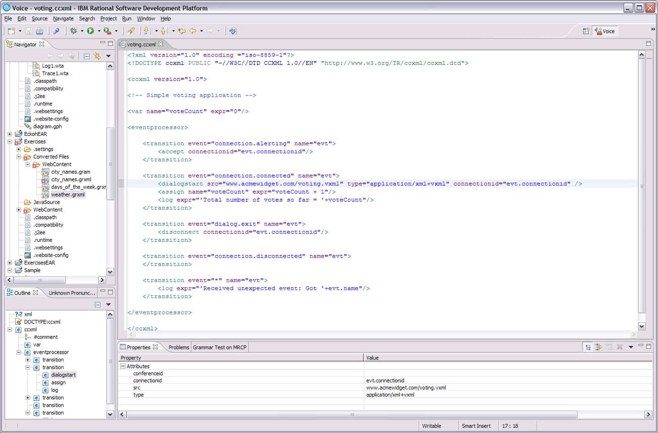 A screen capture showing the voice toolkit editor being used to edit CCXML source.