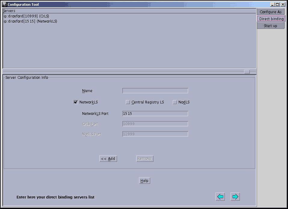 The configuration tool window with the direct binding tab selected. Network License Server is selected and its name is displayed in the name field.