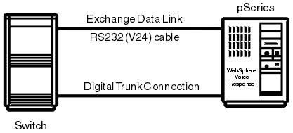 The diagram shows a connected to a switch using a digital trunk connection and an exchange data link RS232 (V24) cable.