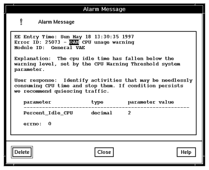 Screen capture of an example Alarm Message window.