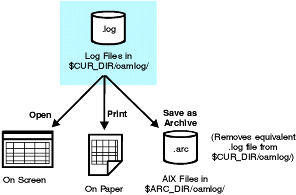 This diagram shows that log files can be viewed on screen, printed, or saved as archive files. Details of how to perform these actions are in the text that follows the diagram.