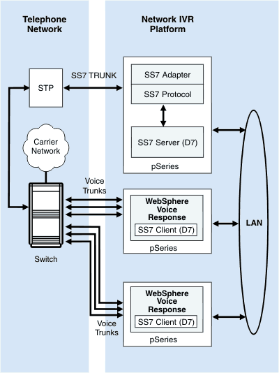 Graphic showing layout with two SS7 Clients and one SS7 Server arranged in two blocks of telephone network and network IVR platform connected by voice trunks and SS7 line between switch and adapter. The two clients are shown connecting to a LAN.