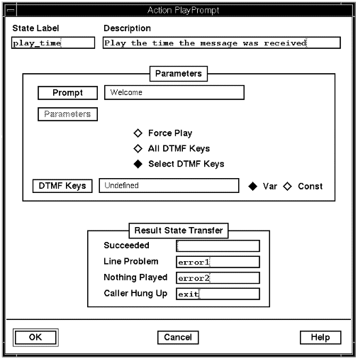 A screen capture of the Action PlayPrompt window