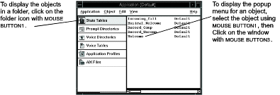 This is an example application window showing how to display the objects in a folder and how to display the popup menu for an object.