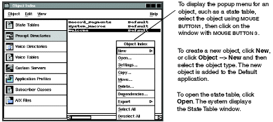 This is an example Object Index window. The figure shows how to display the popup menu for an object and how to create a new object.
