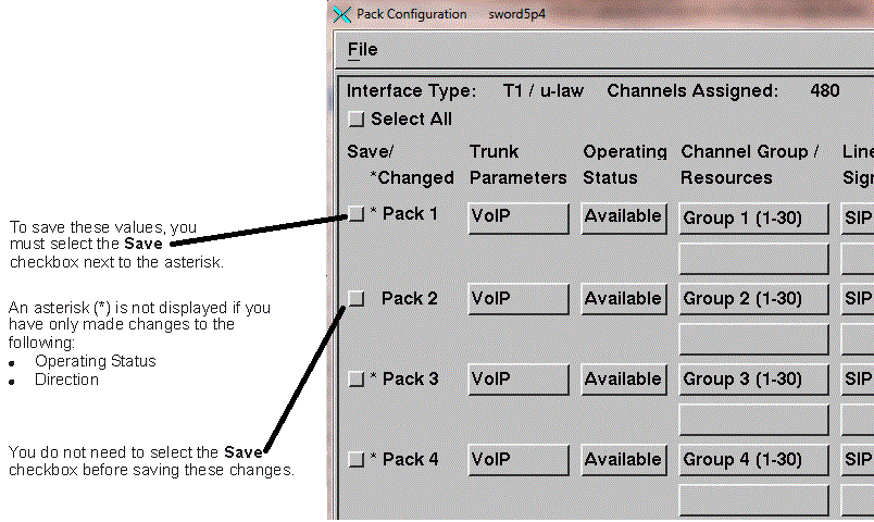 The Pack Configuration window showing pack identifiers with and without an adjacent asterisk. Where an asterisk is displayed, you must select the save checkbox next to the asterisk to save your changes. An asterisk is not displayed if you have only made changes to operating status, direction, address signaling or telephone numbers. In these cases you do not need to select the checkbox.