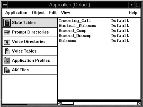 A screen capture of the Default Application window showing the folders and objects in the application.