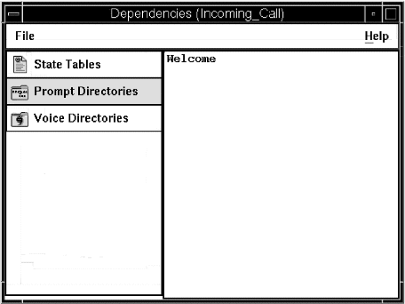 A screen capture of the Dependencies (incoming_Call) window showing the Welcome object of the Prompt Directories folder.