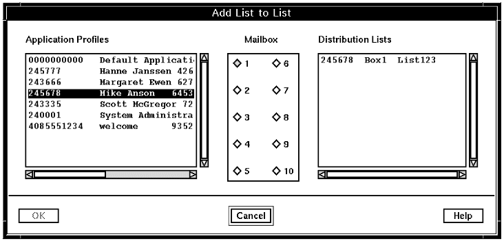 A screen capture of the Add List to List window enabling selection of Application Profiles, Mailboxes and Distribution Lists.