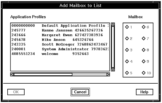 A screen capture of the Add Mailbox to List window showing a list of application profiles and mailbox numbers.