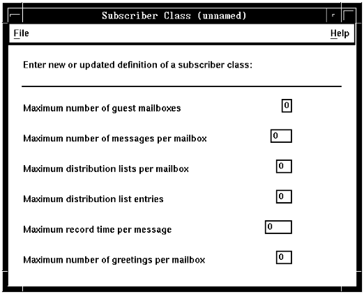 A screen capture of the Subscriber Class (unnamed) window showing the limits described in the following text.
