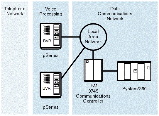 This figure is described in the text which precedes it. Two machines are connected via a LAN to an IBM 3745 Communications Controller, which is in turn connected to the host system