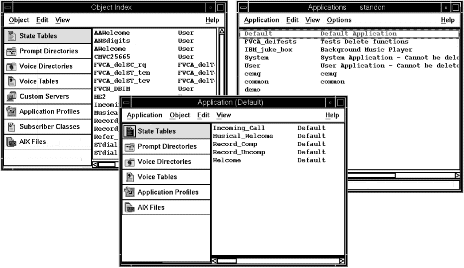 screen capture showing the Applications window, together with the Object Index and an Application window.