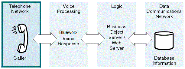 This diagram shows that a voice processing system comprises a telephone network, a voice processing component (such as Blueworx Voice Response), a business object server or web server, and a data communications network. The graphic representing the telephone network is highlighted as it is the topic under discussion at this point in the book.