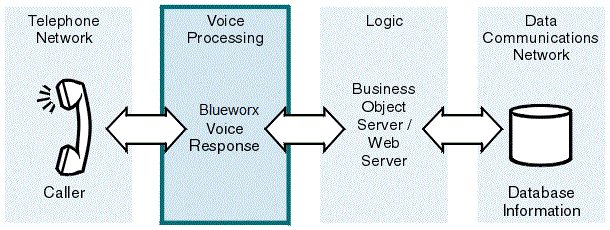 This diagram shows that a voice processing system comprises a telephone network, a voice processing component (such as Blueworx Voice Response), a business object server or web server, and a data communications network. The graphic representing the voice processing system is highlighted as it is the topic under discussion at this point in the book.