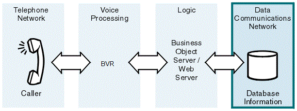 This diagram shows that a voice processing system comprises a telephone network, a voice processing component (such as Blueworx Voice Response), a business object server or web server, and a data communications network. The graphic representing the data communications network is highlighted as it is the topic under discussion at this point in the book.