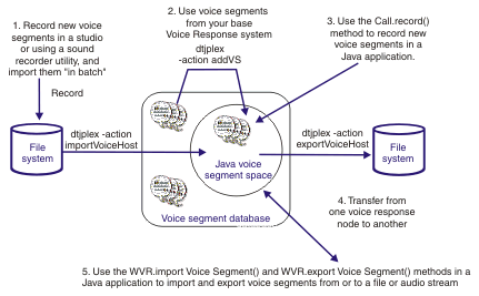 This picture shows the different ways in which you can make voice segments available to your Java voice applications.