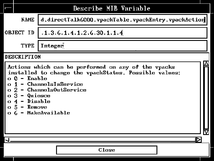 Screen capture of the Describe MIB Variable window, showing a list of the actions that can be performed on VPACKS to change the vpackStatus values