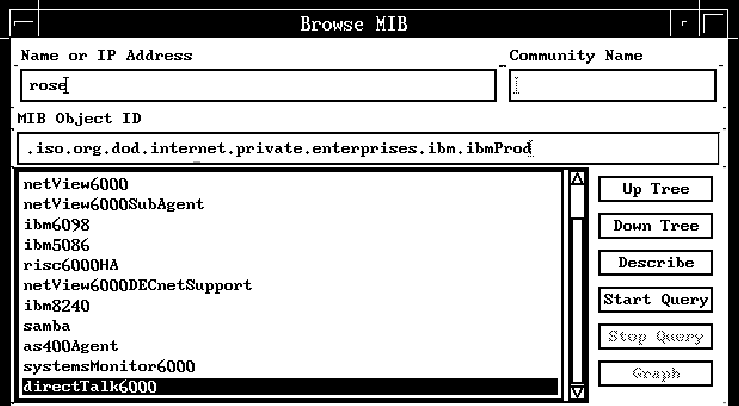 Screen capture of the Browse MIB window, showing the product name directTalk6000 selected