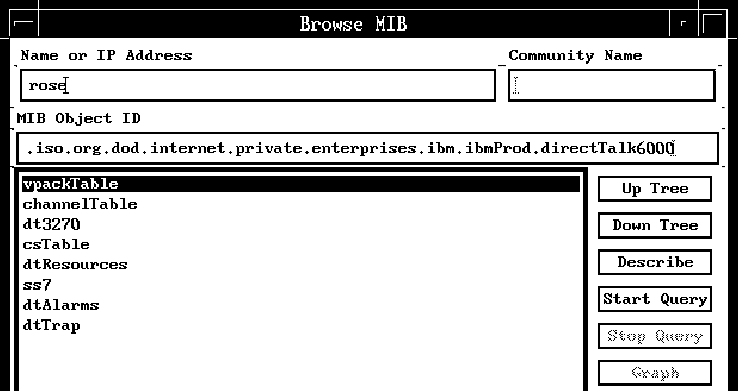 Screen capture of the Browse MIB window, showing the vpackTable object selected
