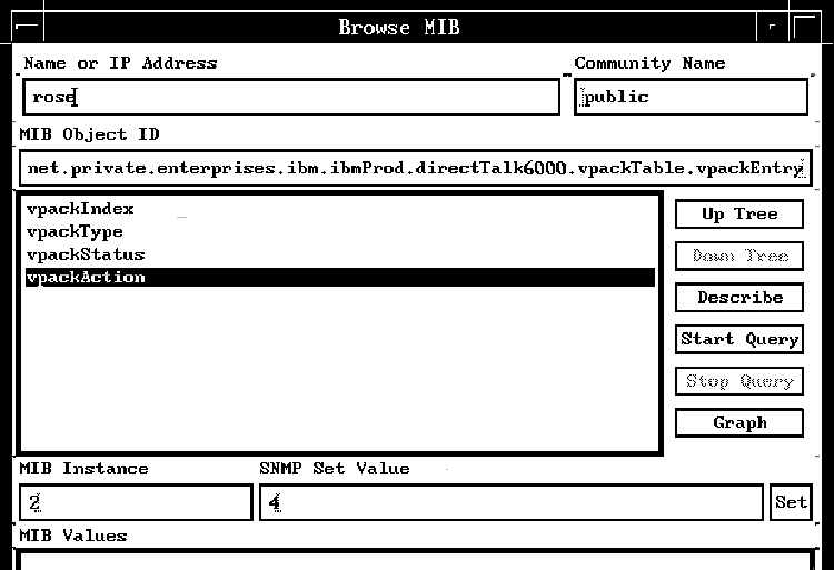 Screen capture of the updated Browse MIB window, showing vpackAction selected.