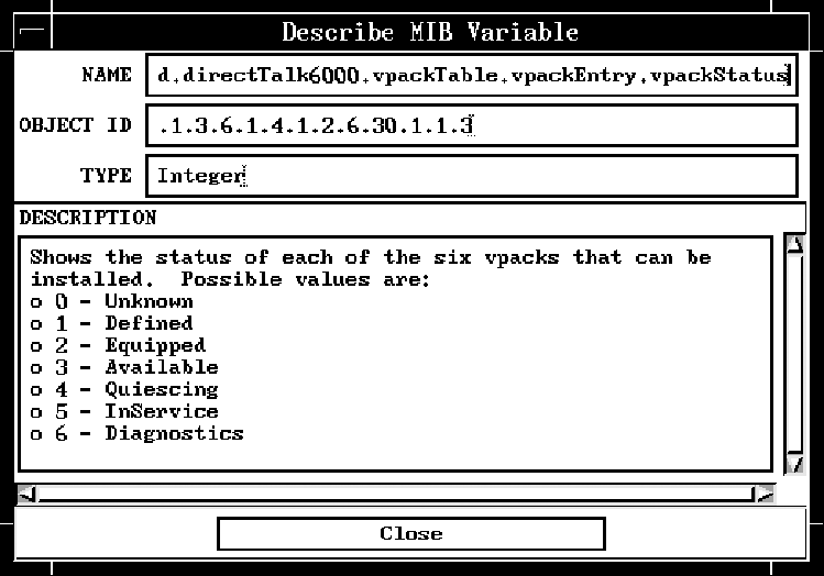 Screen capture of the Describe MIB Variable window