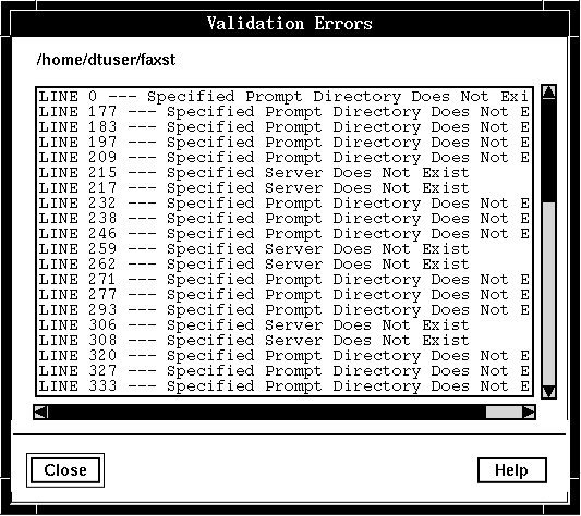 A screen capture of the Validation Errors window, showing a kist of errors by line number.