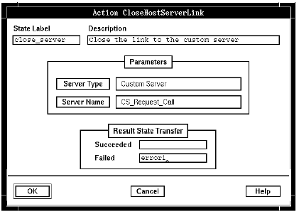 A screen capture of the Action CloseHostServerLink window