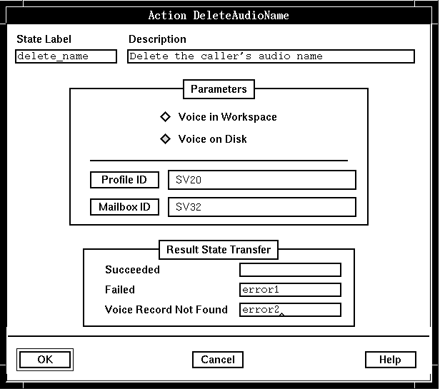 A screen capture of the Action DeleteAudioName window