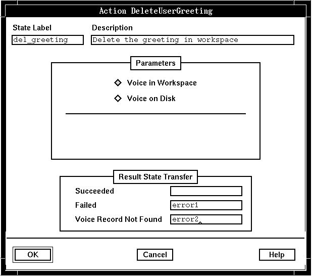 A screen capture of the Action DeleteUserGreeting window