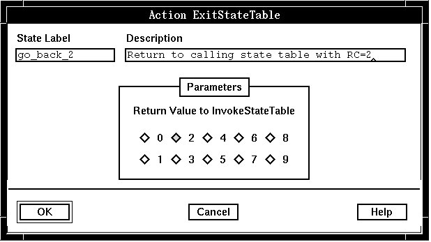 A screen capture of the Action ExitStateTable window