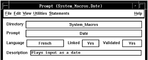 A screen capture of the Prompt window, showing that the Directory is System_Macros, the Prompt is Date and the Language is French.