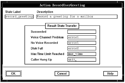 A screen capture of the Action RecordUserGreeting window