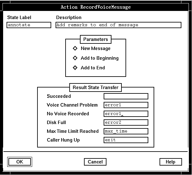 A screen capture of the Action RecordVoiceMessage window