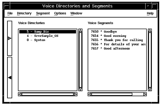 A screen capture of the Voice Directories and Segments window, showing a selected voice directory and its corresponding voice segments.