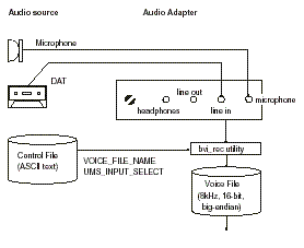 This diagram shows an analog audio signal being input to a audio adapter from a microphone or DAT tape and being converted into digital sampled data by the bvi_rec utility before being saved to file.