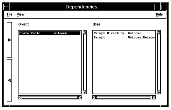 A screen capture of the Dependencies window, showing a list of objects used that the selected object uses.