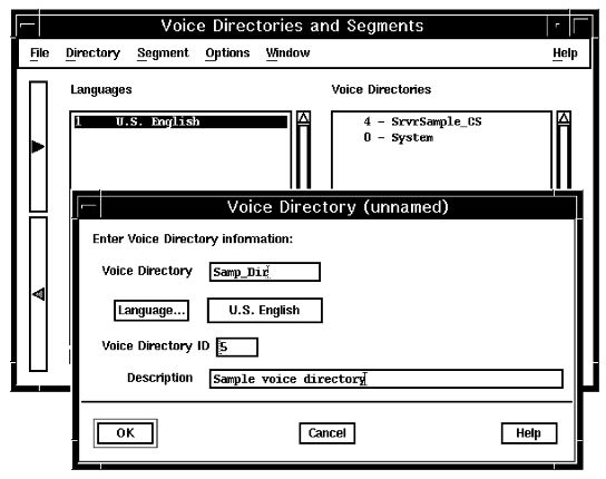 A screen capture showing the Voice Directories and Segments window, with U.S. English selected, and the corresponding Voice Directory window also open.