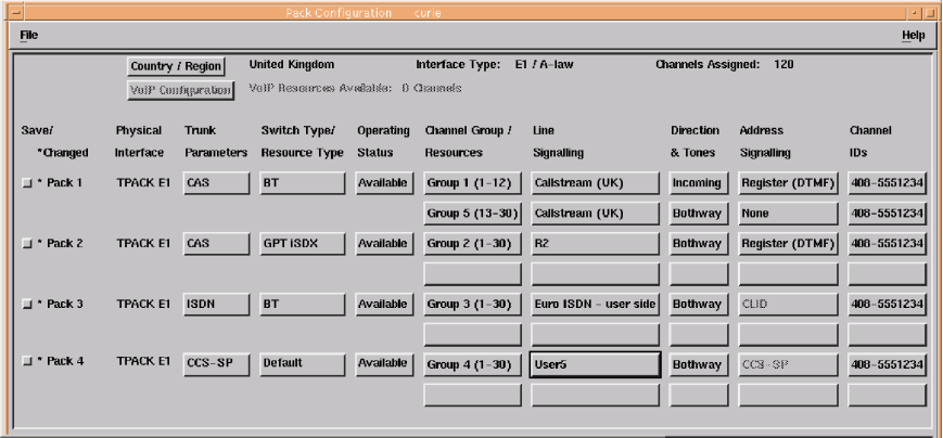 The Pack Configuration window with five packs configured for an E1 mixed CAS and CCS system.