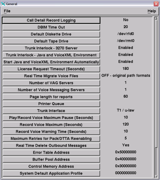 Window showing the parameters in the General group.