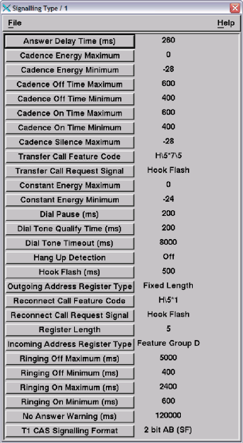 A window showing the parameters that apply to Signaling Type 1.