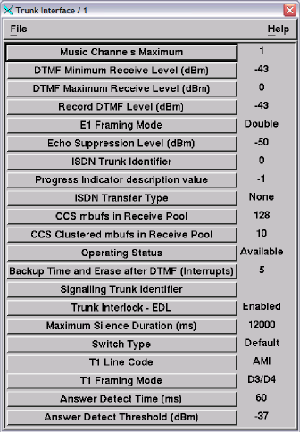 A window showing the parameters that apply to trunk 1.