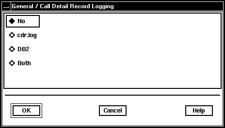 Window showing the values available for the Call Detail Record Logging parameter.